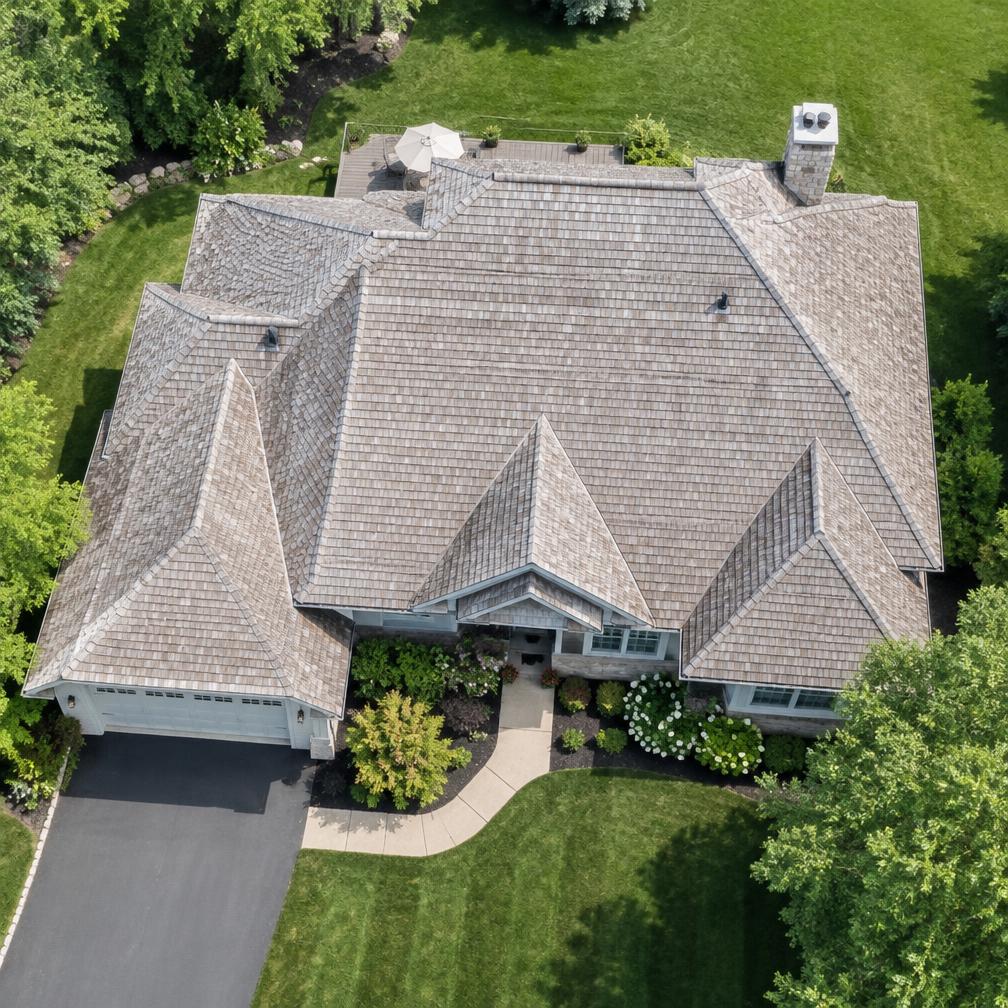 Aerial view of a home with a wood-tone shingle roof
