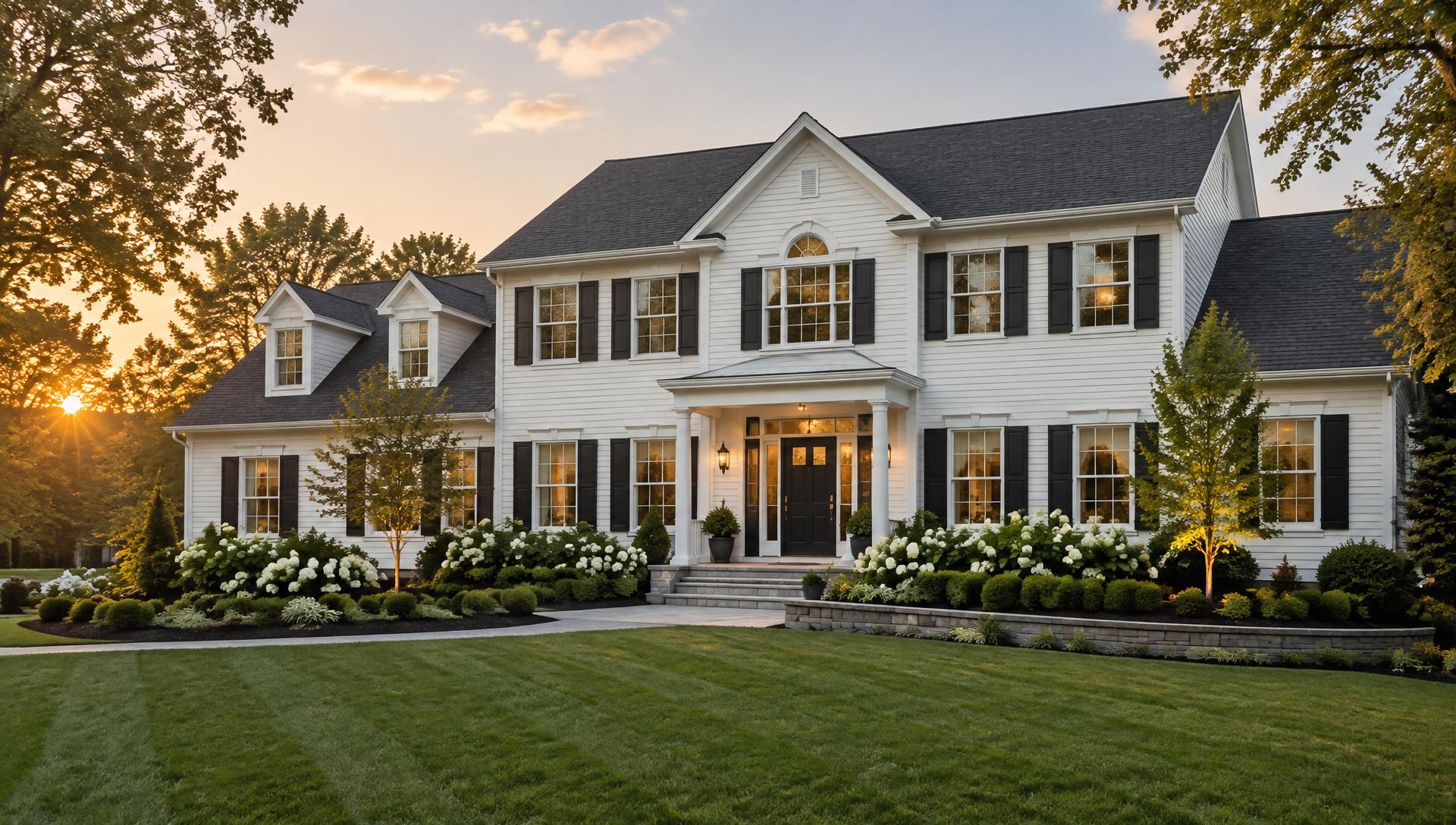 Colonial-style home with a dark architectural shingle roof at sunset