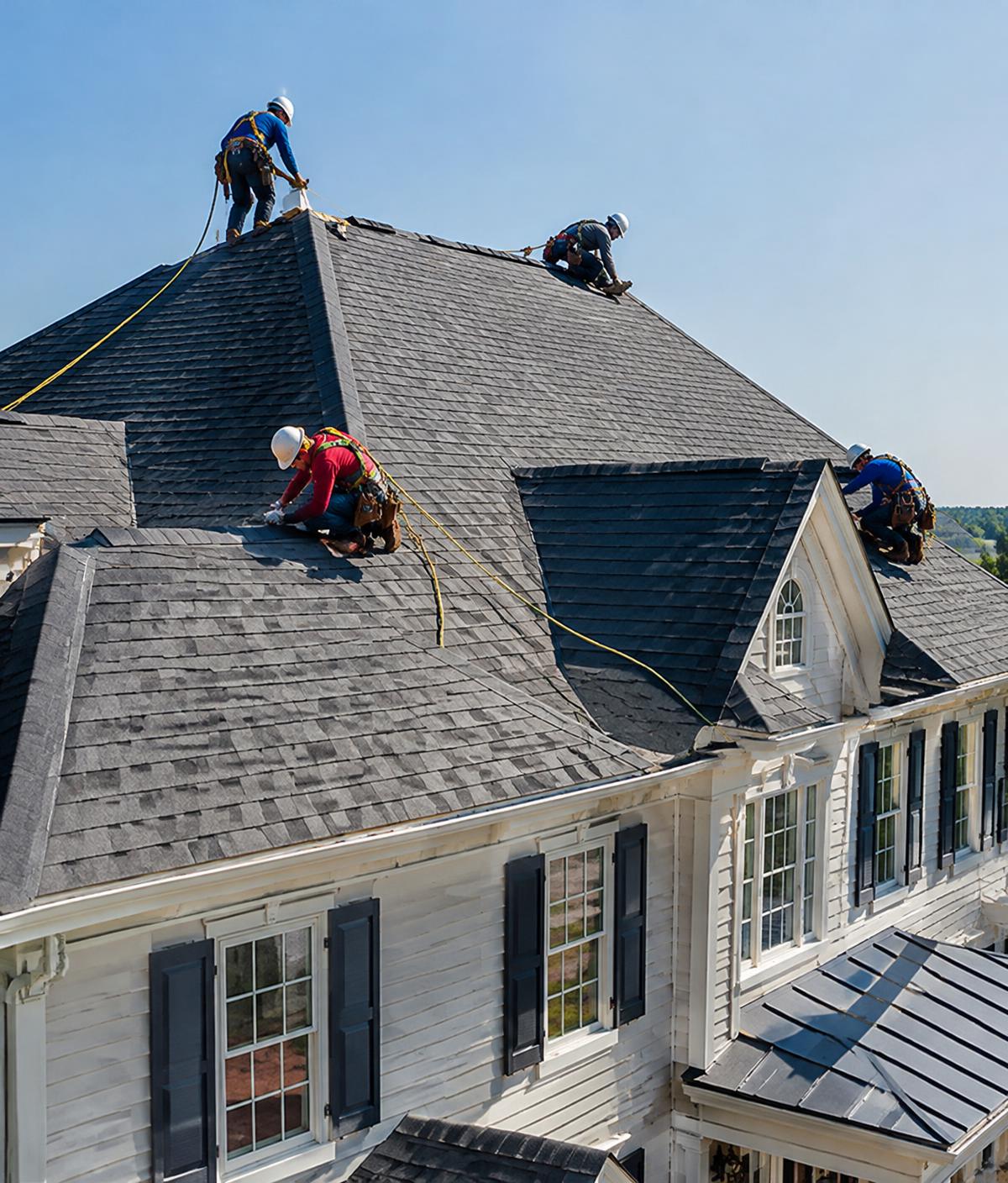 Roofing crew installing architectural shingles